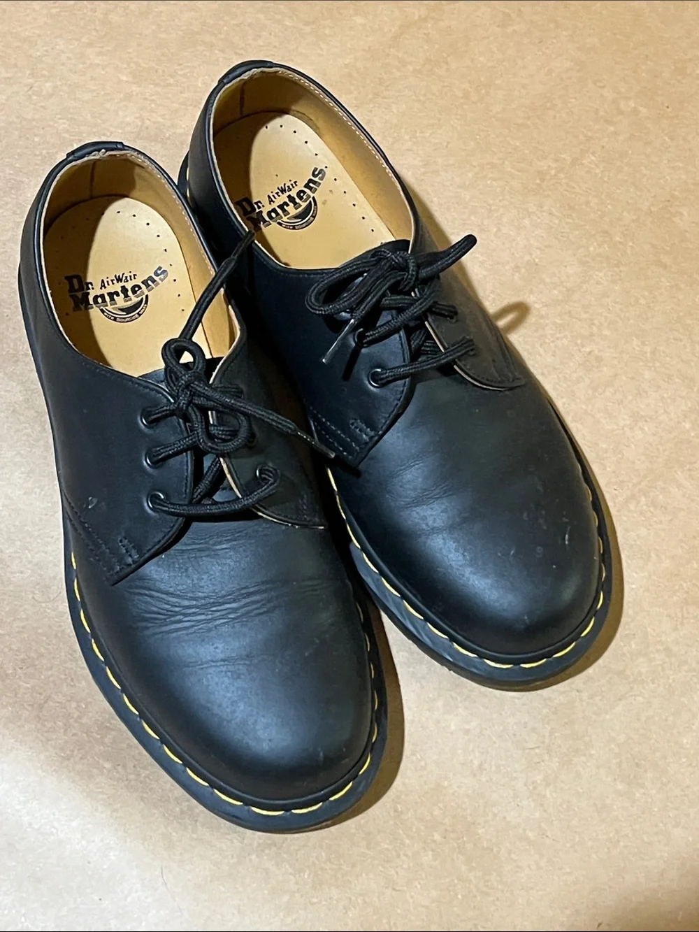 Dr. Martens Men’s 3-Eye Black Leather Oxford with Yellow Stitching 1461